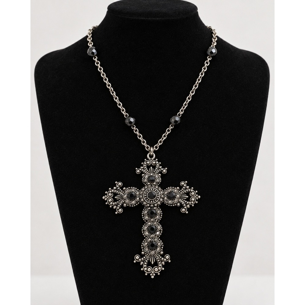 Vintage Gothic Ornate Cross Pendant Necklace Silver Tone Black Rhinestone Bead